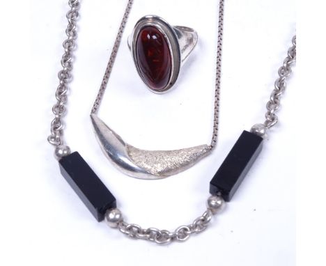 N.E. FROM - 2 sterling silver necklaces, 1 set with black stones, and a modern silver and amber ring 
