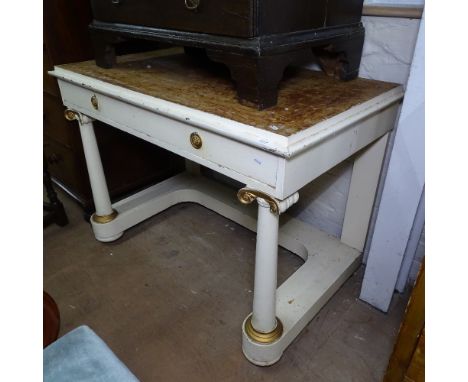 An Antique painted and gilded console table, with single frieze drawer and barrel turned legs, W110cm, H80cm 