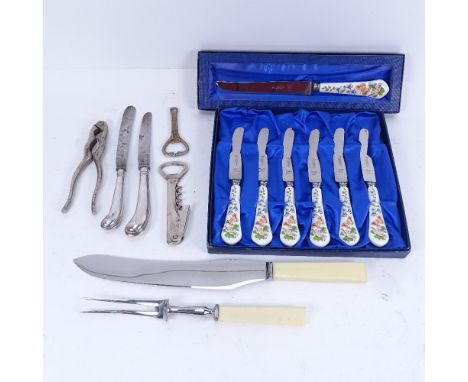 An ivory-handled carving knife and fork, pistol-grip plated knives, a nutcracker, 2 bottle openers, a set of Aynsley china-ha