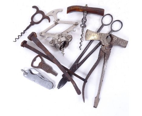 Various Antique tools, Stahl multi-function instrument, corkscrews etc 