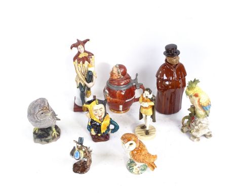 A group of ceramics, including Beswick owl 2026, a German pottery monk design lidded tankard, Burleigh jester character jug, 