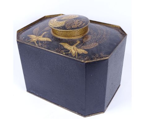 A reproduction Toleware caddy of canted rectangular form, with hand painted gilded exotic birds, 33cm x 24cm 