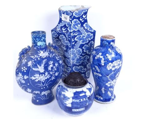 A Chinese blue and white Prunus pattern baluster jar, with 4 character mark, a Chinese blue and white pot pourri, moon flask,