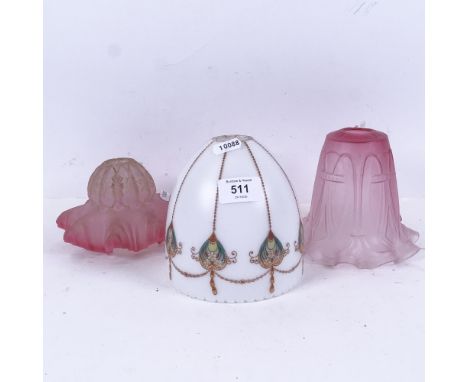Crimped and decorated pink glass light shade, Art Nouveau painted glass shade, 13.5cm, and another 
