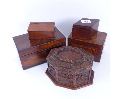 Various boxes and containers, including octagonal oak example, rosewood tea caddy etc (5) 
