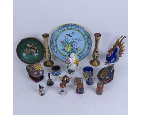 A group of Chinese enamel ornaments, including cloisonne birds, pair of champleve enamel bird shaped boxes, cloisonne enamel 