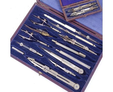 An early 20th century cased draughting set, and a cased double compass set (2) 