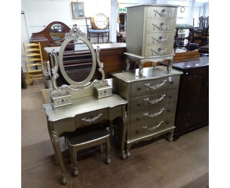 A painted 4-piece bedroom set, comprising 4-drawer chest, 3-drawer bedside chest, dressing table and stool, all with applied 