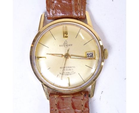 BISCHOFF - a Vintage gent's 18ct gold-cased automatic wristwatch, with date aperture, and leather strap 