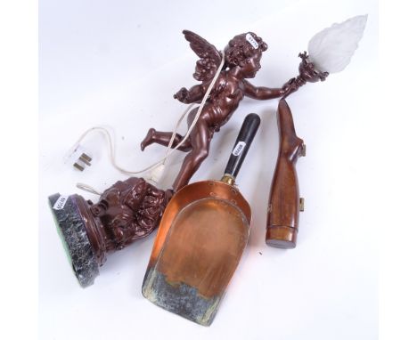 An Antique bras-mounted mahogany boot jack in the form of a leg, 24cm, copper shovel, and a spelter cherub table lamp (A/F) 