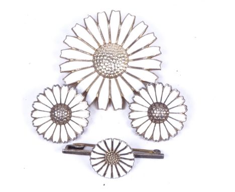 ANTON MICHELSEN - 2 sterling silver and white enamel pattern brooches, and VOLMER BAHNER - pair of silver and white enamel da