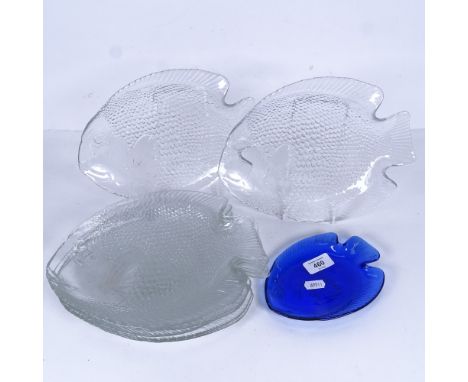 A set of 8 Vintage French Arcoroc Poisson fish serving plates, length 27cm, and a smaller blue glass example (9) 