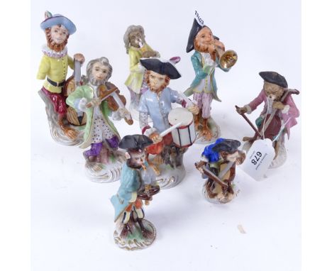 A group of Continental ceramic monkey musician figures, largest height 15cm (8) 