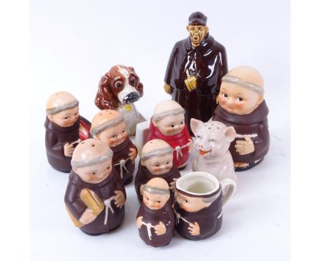 A set of West German Goebel Friar Tuck cruet set, including mustard pot, pepperettes etc, and a West German dog 