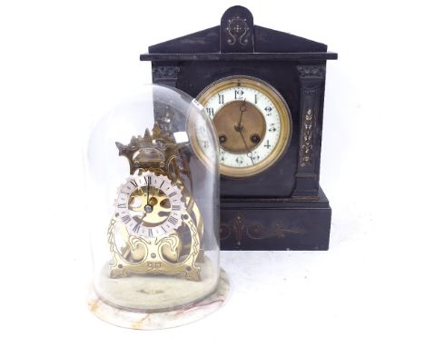 A Victorian slate-cased architectural mantel clock, height 28cm, and a modern skeleton clock, by Thwaites &amp; Reed, under g