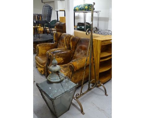A copper 4-panel glass hanging lantern, height 90cm, together with its wrought-iron wall bracket, L155cm 