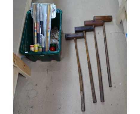 A set of Vintage croquet mallets, posts by Ayres, balls including a child's set 