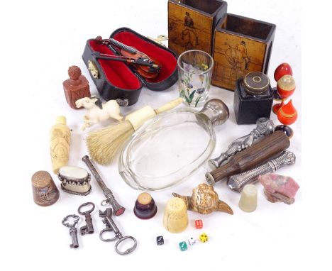 Various collectables, including bone-handled brush, hunting design matchbox holders, goldstone scent bottle, cockerel seal et