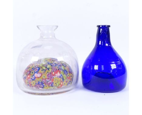 A large unusual Millefiori glass decanter with concave base, and a Bristol blue glass bottle jar with open concave base, larg