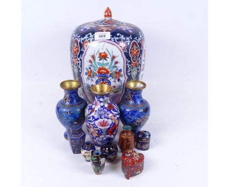 Various cloisonne enamel vases, jars, and a large Chinese ceramic jar and cover, height 30cm 