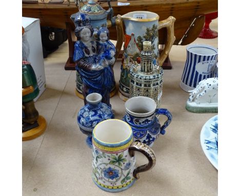 2 beer jugs, a novelty decanter, 20.5cm, Rheinware Madonna and Child etc 