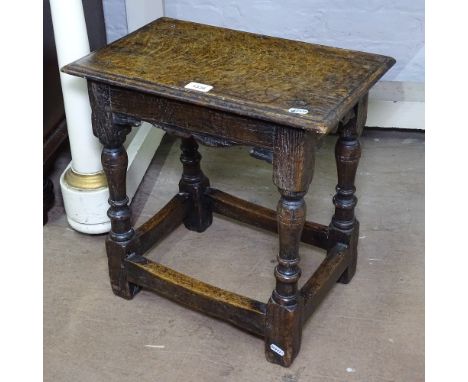 An Antique oak joint stool on turned baluster legs, W45cm, H45cm, D28cm 