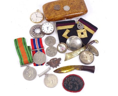 Various collectables, including Second World War medals, silver-cased pocket watch, military badges, birdseye maple cigar cas