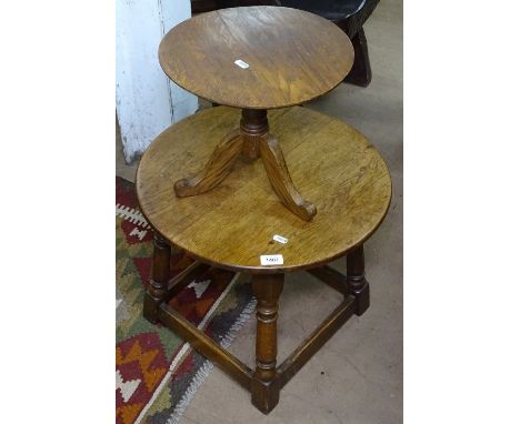 1920s oak circular lamp table, W50cm, H45cm, and a small oak table-top tripod table, H29cm (2) 