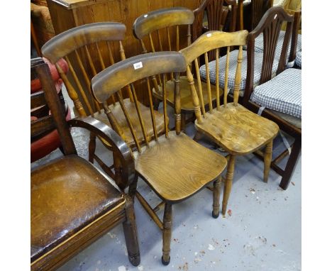 4 various Antique elm-seated kitchen stick-back chairs 