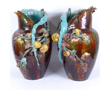 A large pair of 19th century Thomas Forester Majolica glazed ceramic vases, of naturalistic form with pomegranate decoration,