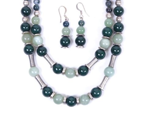 A jade and greenstone set necklace, length 43cm, and a pair of matching earrings 
