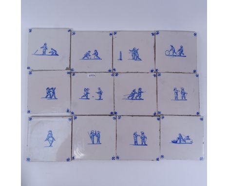 A set of 28 Dutch Delft blue and white ceramic tiles, 13cm x 13cm