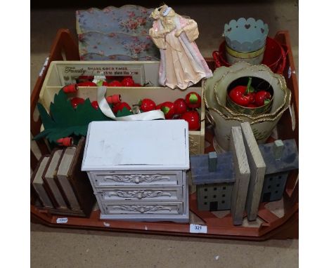 A mixed group of items, including painted jewel chest, painted wood bookends, lamp shades etc (boxful) 