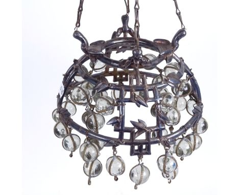 A Christofle cast electroplate hanging light fitting, with glass sphere drops, serial no. 551667, diameter 16cm 