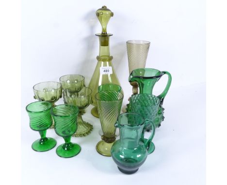 A group of coloured green glass drinking glasses, decanter, vase, jug etc 