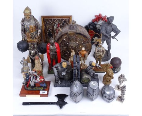 A group of Medieval related items, including various metal and resin knight figures, a metal and wood water flask, an early c