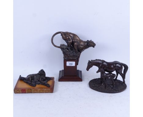 Heredities mare and foal sculpture, a leopard on plinth, and a dog resting on a book 