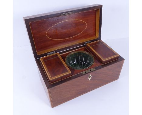 A 19th century satinwood and kingwood inlaid tea caddy, with 2 removable interior boxes, and original glass bowl, length 30.5