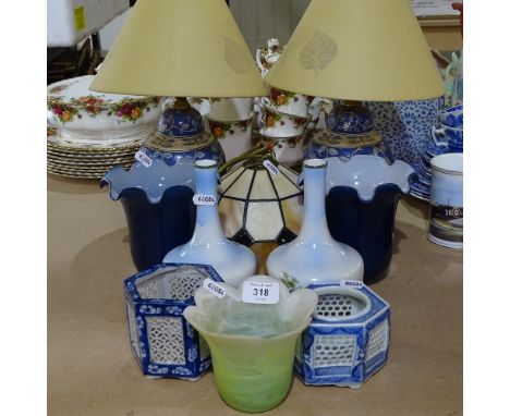 A group of light shades, a pair of Oriental table lamps, a pair of transfer decorated vases etc 