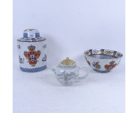 Modern Chinese armorial lamp base and bowl, an Oriental teapot etc 