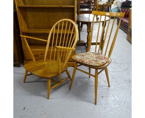 An Ercol elm-seated stick-back chair, and an Ercol elm-seated stick-back lounge armchair (no cushions) 