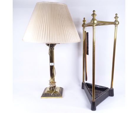 A solid brass Corinthian column table lamp, with modern shade, height including shade 72cm, and a Victorian brass corner stic