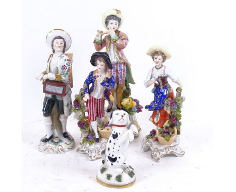 A group of Chelsea porcelain figures, including man playing flute, height 20cm (5) 