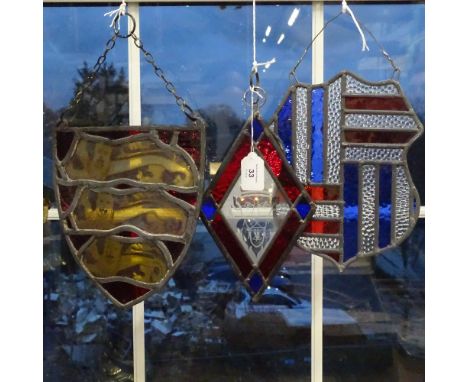 3 stained lead-light glass hanging panels, including Royal Arms of England, largest height 26cm (3) 