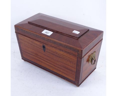 A 19th century inlaid sarcophagus tea caddy, with ring handles and fitted interior, length 31cm 