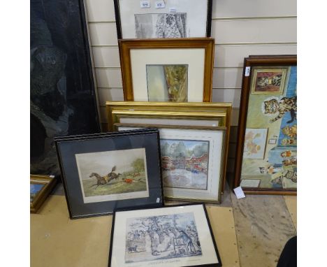 A quantity of various watercolours pictures and prints, including pair by F Parr, coloured hunting prints etc (9) 