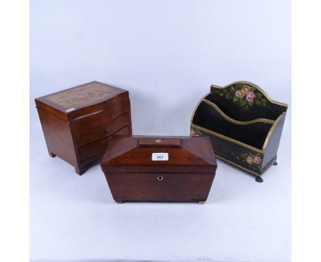 A sarcophagus caddy, length 27cm, a jewellery chest, and a stationery rack with painted floral decoration 