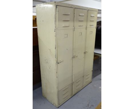 A Vintage painted metal industrial 3-door locker, W123cm, H184cm 