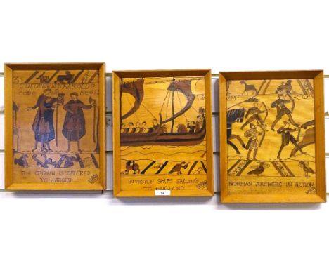 3 marquetry inlaid Bayeux Tapestry woodwork pictures, overall 32.5cm x 26cm, framed 