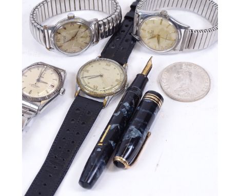 Various Vintage wristwatches, including Cyma, Regalis, Conway Stewart fountain pen, and an 1889 silver double florin 